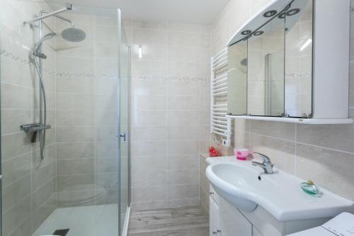 La salle de bains est pourvue d'une douche, d'un lavabo et d'un miroir. dans l'établissement Le Mancini - Parking et Terrasse, à Mayenne