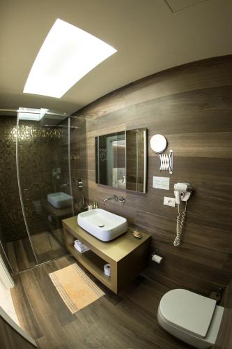 a bathroom with a sink and a toilet and a mirror at Hotel Victoria in Torre Santa Sabina