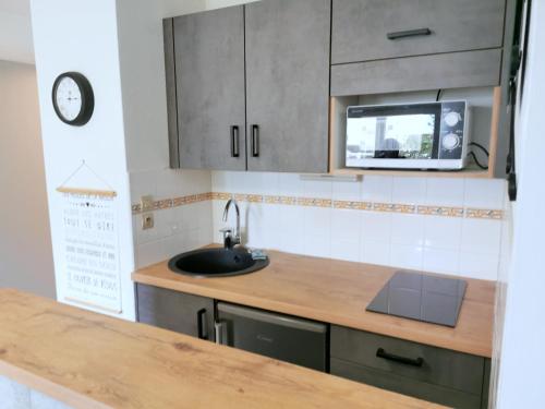 une cuisine avec un évier et un micro-ondes dans l'établissement 2 pièces Front de Mer ensoleillé et calme accès direct plage, à Cabourg