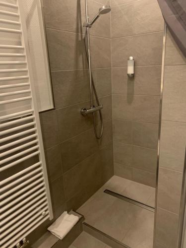 a shower with a glass door in a bathroom at Lindenhof in Hainburg