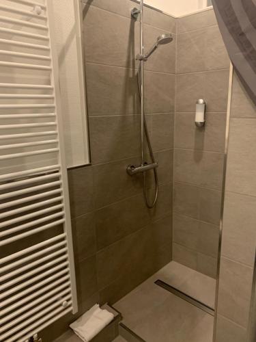 a shower with a glass door in a bathroom at Lindenhof in Hainburg