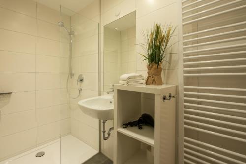 La salle de bains blanche est pourvue d'un lavabo et d'une douche. dans l'établissement Business Apartment, à Markdorf