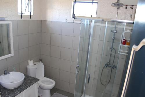 a bathroom with a shower and a toilet and a sink at Haute Crécerelle in Pereybere