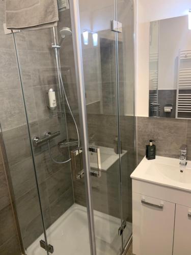 W łazience znajduje się prysznic ze szklanymi drzwiami. w obiekcie Lindenhof w mieście Hainburg