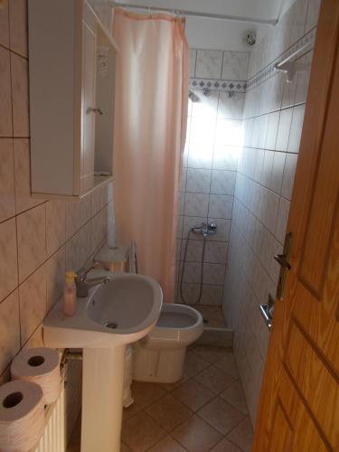 Un baño con lavabo, inodoro y ducha. en Studios Marianna, en Skiros