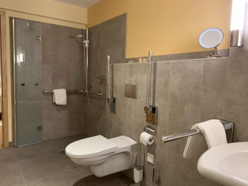 ein Bad mit einem WC, einer Dusche und einem Waschbecken in der Unterkunft Bergmannstrost 5 Sterne Ferienwohnung in Sankt Andreasberg