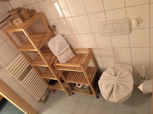 a small bathroom with wooden shelves and a toilet at Krähenberg am Rande der Wildnis in Sibratsgfäll