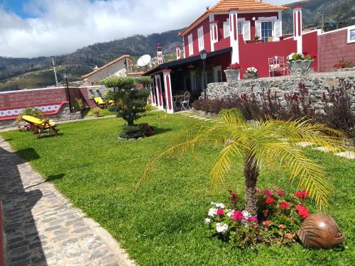 zielony dziedziniec z palmą i czerwonym budynkiem w obiekcie the old school w mieście Calheta