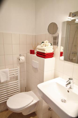 a white bathroom with a toilet and a sink at Der Buchenhof in Braunlage