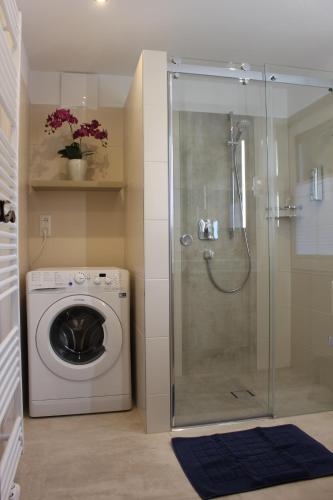 bagno con lavatrice e doccia di Haus Bruschek a Sankt Gilgen