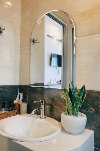 a bathroom with a sink and a potted plant at Sally Villa Homestay in Da Lat