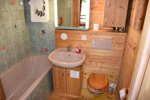 a bathroom with a sink and a tub and a toilet at MaRei-Hütte in Hohentauern