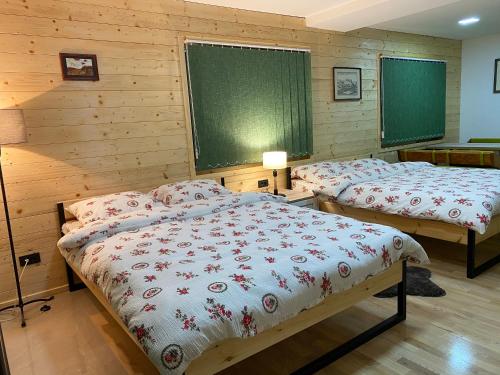 two beds in a room with wooden walls at Alexandar studio apartman in Mokra Gora