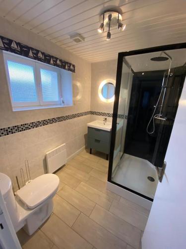 un bagno con doccia, WC e lavandino di La Morinais a Éancé
