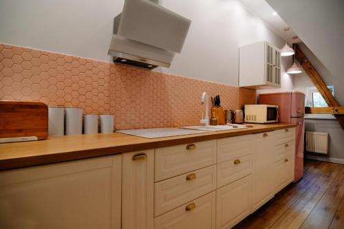 a kitchen with white cabinets and a counter top at Staszica16 in Złoty Stok
