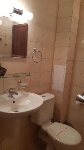 un baño con inodoro y lavabo en Апартамент Winter home Iceberg, en Pamporovo