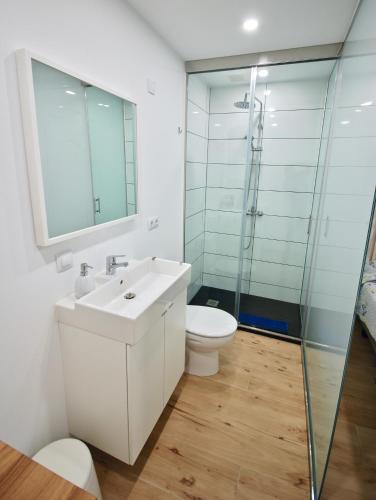 a bathroom with a sink and a toilet and a glass shower at Be&Ba Chinijo in Gran Tarajal