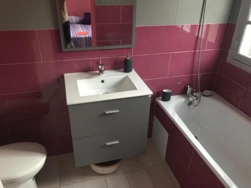 a bathroom with a sink and a toilet and a tub at Jardin des Anges-Bungalows créoles et studio in Le Moule