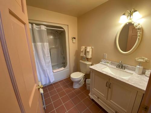 a bathroom with a toilet and a sink and a mirror at Chambery Inn in Lee