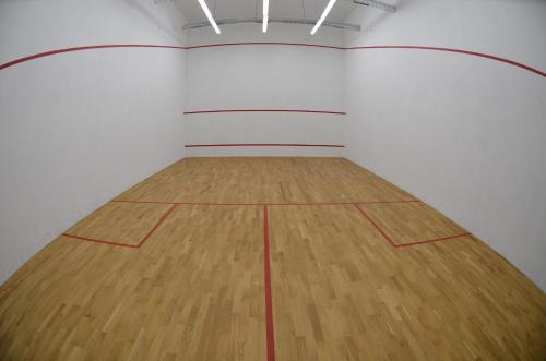 a gymnasium with a basketball court with a wooden floor at Hotel Stawisko Klaudyn in Klaudyn
