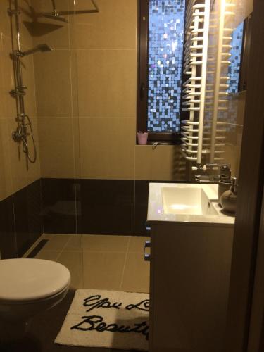 a bathroom with a sink and a toilet and a window at Apartament Pod Skarpą z balią Wieżyca in Szymbark