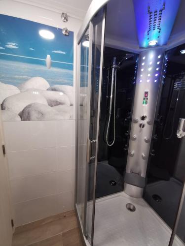 a shower with a glass door in a room at Apartamento Alfareiro in Malpica