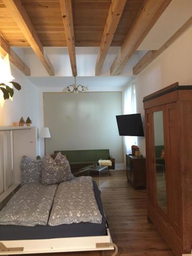 ein Wohnzimmer mit einem Bett und einem Sofa in der Unterkunft Ferienwohnung Kamp `Himmelsblick` mit Schlafgalerie in Potsdam