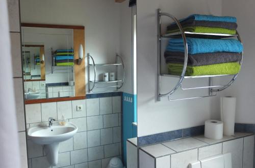 a bathroom with a sink and a mirror and towels at Landhaus Aballo - Ferienwohnung in grüner Oase mit Ruhe und Komfort in Utarp