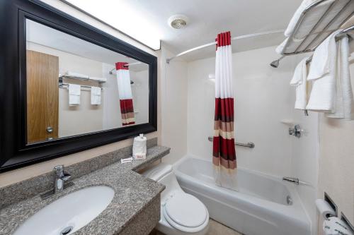 a bathroom with a sink and a toilet and a tub at Red Roof Inn Lumberton in Lumberton