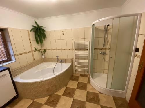 a bathroom with a large tub and a shower at Privát u Zdenky in Lazy pod Makytou
