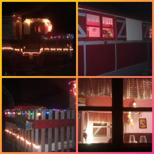four different pictures of a house with christmas lights at La Roulotte De Lola - Chambre d'hôtes in La Celle
