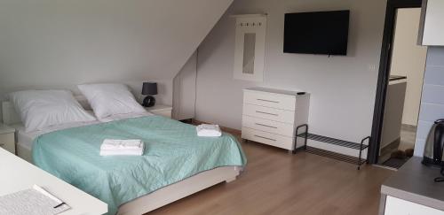 a bedroom with a bed and a dresser with a television at Apartamenty Maja -Pokoje - Domy wakacyjne -Basen Podgrzewany -Jacuzzi in Łeba