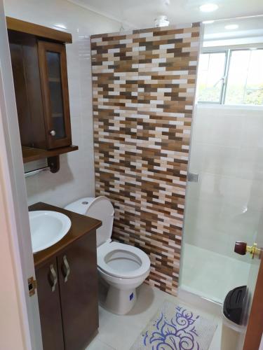 杜伊塔馬的住宿－Casa Campestre en Duitama，浴室配有卫生间、盥洗盆和淋浴。