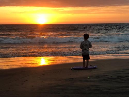 a young boy standing on a surfboard on the beach at Vistazul in Vichayito