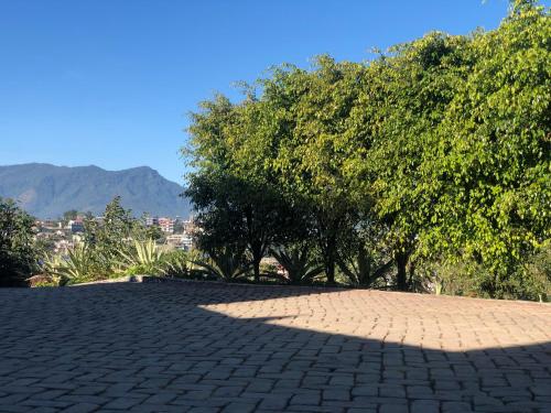 a brick walkway with trees and mountains in the background at Akim Homestay in Kohīma