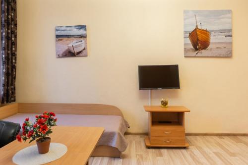 a room with a bed and a flat screen tv at Pigi nakvyne in Šiauliai