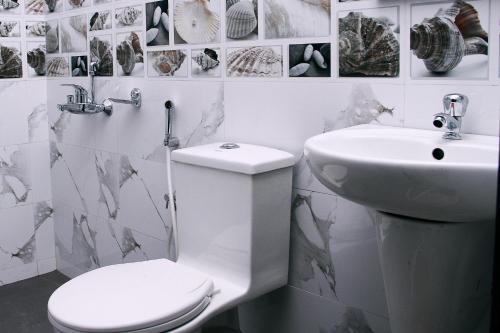 a white bathroom with a toilet and a sink at Hotel Skyark in Kanyakumari