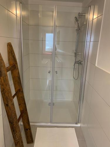 a shower with a glass door in a bathroom at Mariazeller Rooms in Mariazell