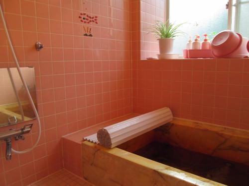 a red tiled bathroom with a bath tub with a sink at Pension Rapan in Katashina