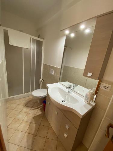 a bathroom with a sink and a toilet and a mirror at Nick & Santo's Holiday Homes B&B in Giardini Naxos