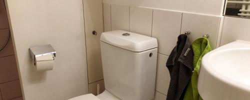 a white bathroom with a toilet and a sink at B&B Tomsi in Pratteln