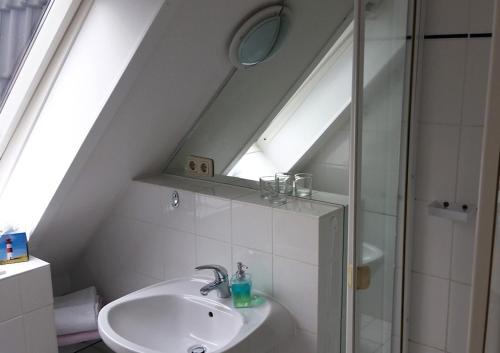 ティメンドルファー・シュトラントにあるApartment " Seeluft "のバスルーム(シンク、シャワー、鏡付)
