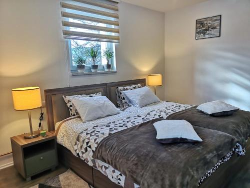 a bedroom with a bed with two pillows on it at Apartmani NiS in Pale