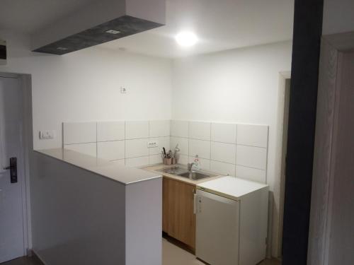 a kitchen with a sink and a counter top at Apartman Djukic in Šabac