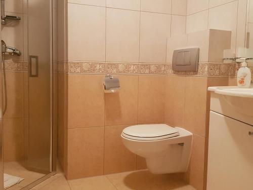 a bathroom with a toilet and a shower and a sink at Apartament w Kołobrzegu in Kołobrzeg