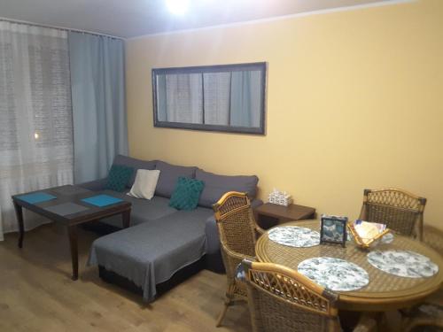 salon z kanapą i stołem w obiekcie Apartament dla turystów w Tychach