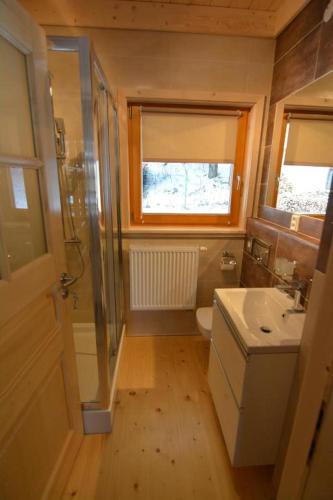 a bathroom with a shower and a sink and a toilet at Chalets Adriana in Belá