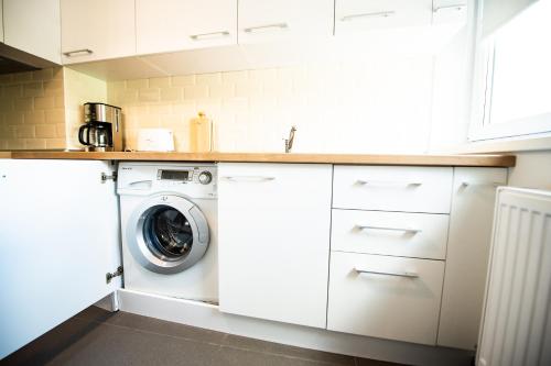 a white kitchen with a washer and dryer at Montana Popa Boutique Studio in Blaj