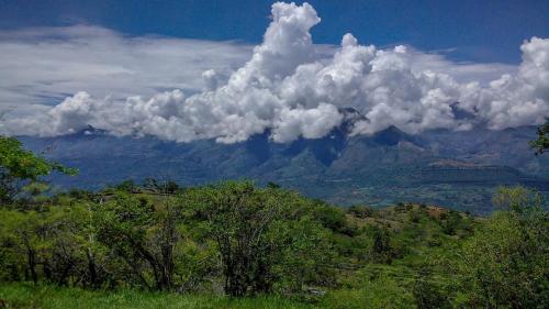 a view of a mountain with clouds and trees at El Paraiso - B&B Finca San Vicente in Barichara