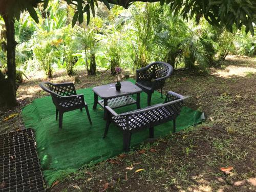 three chairs and a table on a green blanket at Coconut Studio in Capesterre-Belle-Eau